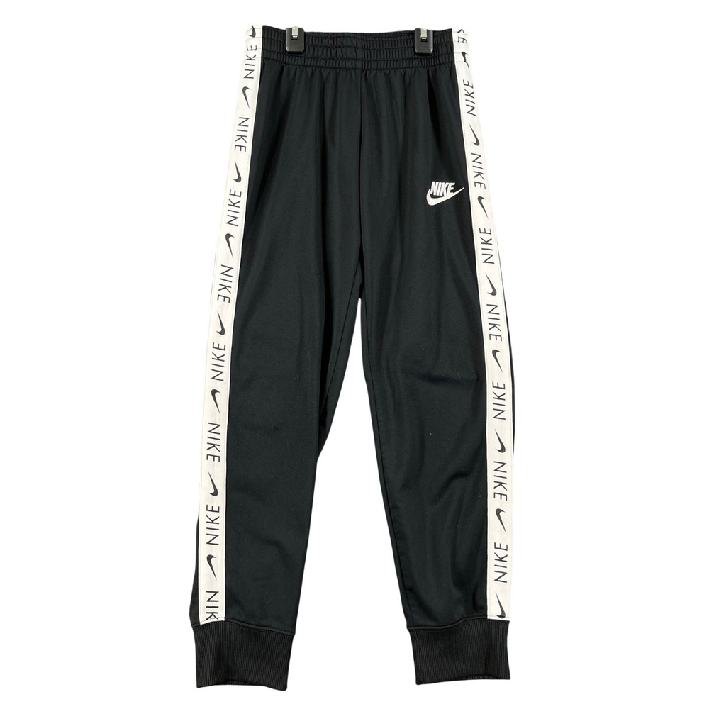 Nike Jogger Pants Kids L Black Logo Tape Side Stripe Drawstring Ribbed Cuffs